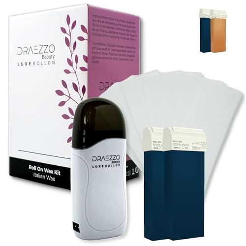 Draezzo - Kit de Depilación Roll On de Cera. Descubre los beneficios del azuleno. Calentador de Cera con 2 Cartuchos y 100 Bandas Depilatorias. Luxe Roll On