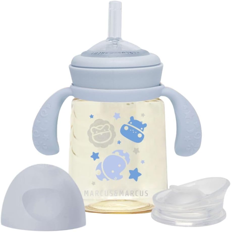 MARCUS&MARCUS Marcus & Marcus PPSU Transition Trainer Bottle | Straw & Sippy Cup | Water Bottle with Straw for 6 months+ | 180ml (Blue)