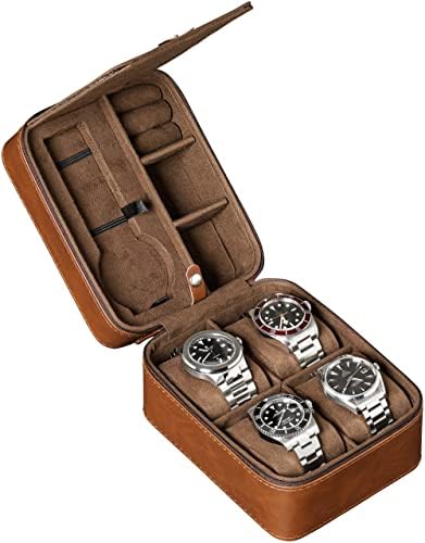 ROTHWELL 5 Watch Travel Case Storage Organizer for 5 Watches | Tough Portable Protection w/Zipper Fits All Wristwatches & Smart Watches Up to 50mm (Tan/Brown)