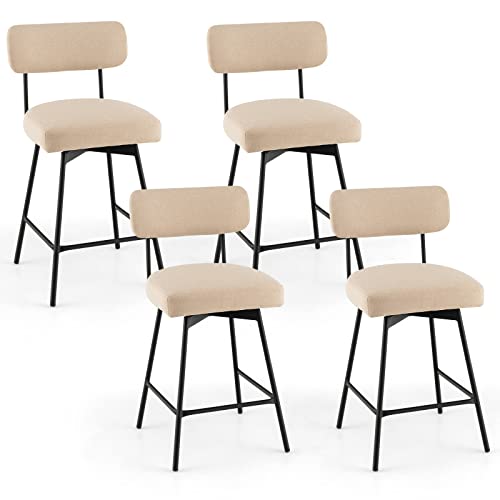 COSTWAYBar Stools Set of 4, 25” Upholstered Counter Height Bar Stools with Back, 360° Swivel Dining Chairs with Heavy-Duty Metal Legs and Footrests, for Kitchen Island, Dining Room, Bar (4, Beige)