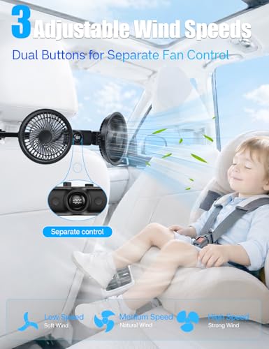 Coepuske Rechargeable Car Fan for Backseat with Car Charger, 360° Rotatable 4000mAh Battery and USB Dual Power Car Fans, Strong Wind Air Circulation Fan with Adjustable Clip for Vehicles SUV RV Baby — view 3