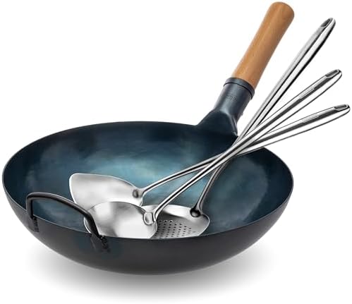 YOSUKATA Flat Bottom Wok Pan - 13.5" Blue Carbon Steel Wok PLUS 17" Wok Spatula and Ladle Skimmer Spoon - Stainless Steel Cooking Utensils Set of 3 - Thumbnail 2