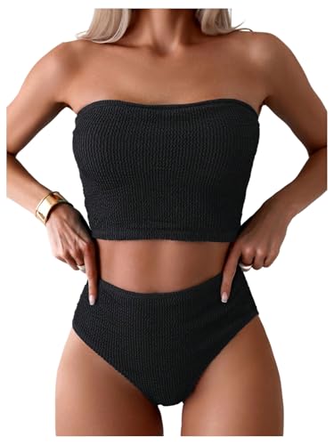 OYOANGLE Women's 2 Piece Strapless Swimsuit High Waisted Smocked Bandeau Bathing Suit