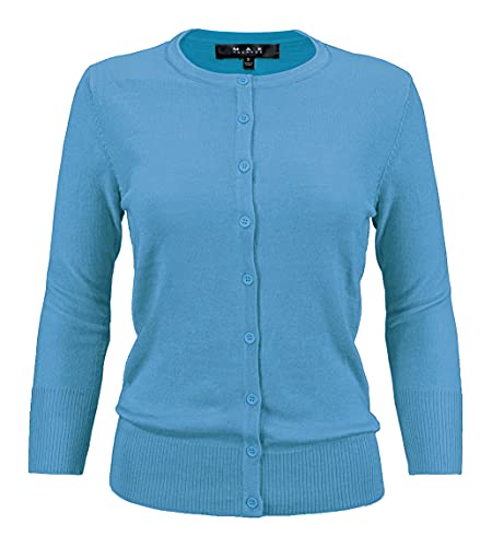 YEMAK Women's Knit Cardigan Sweater â€“ 3/4 Sleeve Crewneck Basic Classic Casual Button Down Soft Lightweight Knitted Top CO079-TQS-2X Turquoise
