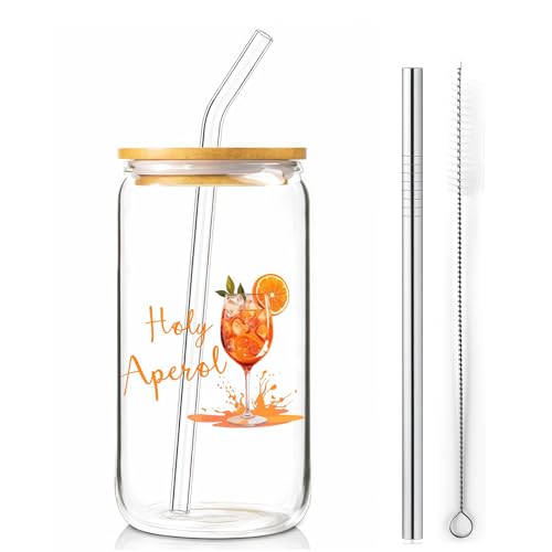 Aperol Geschenk Set für Damen Gläser mit Bambusdeckel & Strohhalm 500ml Trinkglas aus Borosilikatglas Holy Aperoli Spritz Zubehör Sommer Party Deko Geschenkset