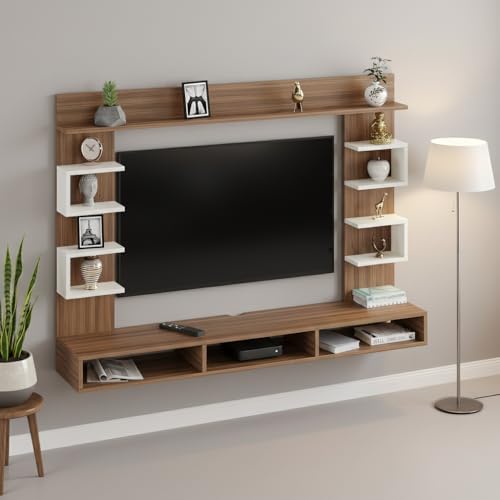 Image of FURNEASER Steven Wall Mount TV Unit for Living Room Wooden Entertainment Center with Storage Shelves Modern TV Panel Stand Showcase for up to 43 Inch Media Console Cabinet Exotic Teak & White
