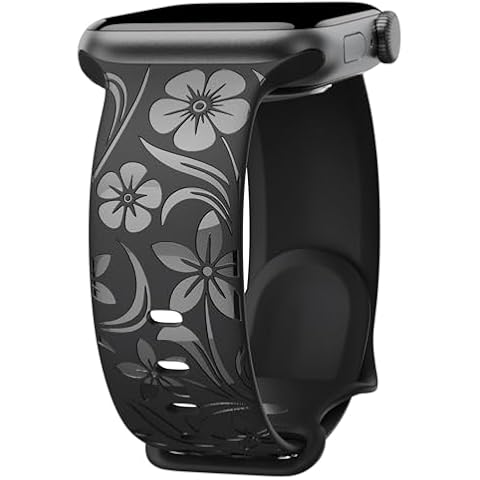 Floral Engraved Band Compatible with Apple Watch Band 38mm 40mm 41mm 42mm 44mm 45mm 46mm 49mm, Designer Silicone Glossy Wildflower Strap for iWatch Band Series Ultra 10 9 8 7 6 SE 5 4 3 2 1, Black 38 Cover