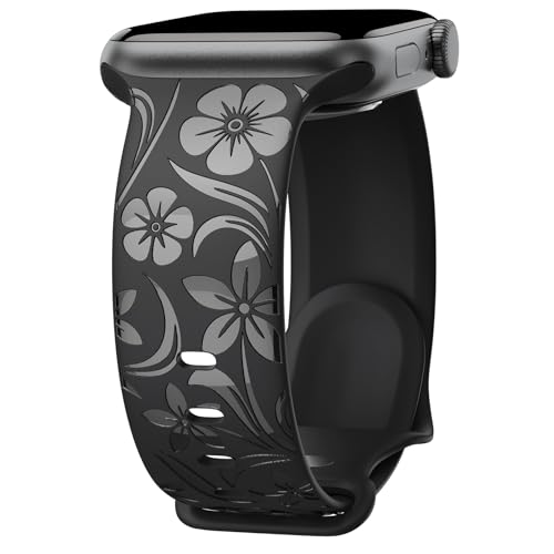 Floral Engraved Band Compatible with Apple Watch Band 38mm 40mm 41mm 42mm 44mm 45mm 46mm 49mm, Designer Silicone Glossy Wildflower Strap for iWatch Band Series Ultra 11 10 9 8 7 6 SE 5 4 3, Black 38