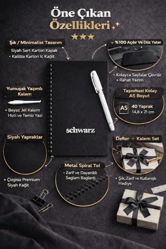 Siyah Spiralli Defter, A5 Çizgisiz Premium Not Defteri, 1 Adet Hediye Beyaz Jel Kalem, Ofis ve Okul İçin Şık Tasarım, Yazı Yazma, Çizim, Not Tutma İçin Mükemmel Hediye Seti - Görsel 3