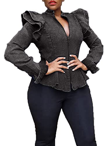 ECHOINE Women Casual Denim Jacket - Long Sleeve Zip Ruffle Shoulder Jean Jackets Peplum Coat Plus Size