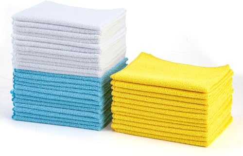 Image of Amazon Basics Microfiber Cleaning Cloths, Ultra Absorbent, Scratch-Free, Highly Absorbent, Non-Abrasive, Reusable and Washable, 16 inch x 12 inch, Blue /White /Yellow, (Pack of 288)
