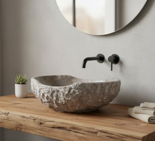 Fossil Gray Marble Vessel Sink – Hand-Carved Canoe-Shaped Bathroom Sink in Natural Stone with Earth Tone Veins – Modern Rustic Countertop sink