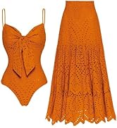 FLAXMAKER Hollow Adjustable Straps Bathing Suits Sling Cut Out Bow Tie One Piece Swimsuit and Skirt