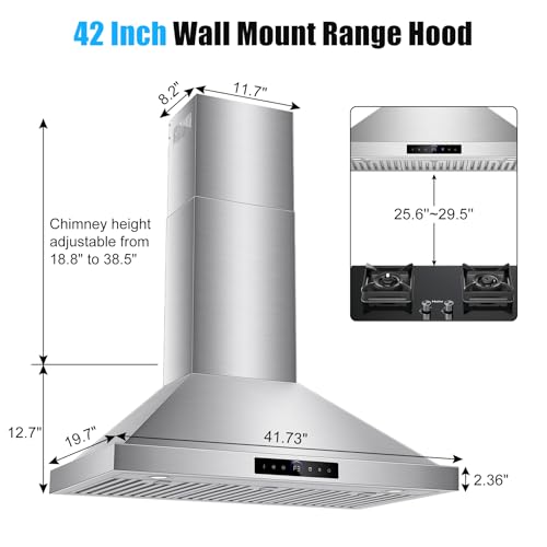 Image of 42 inch Range Hood Wall Mount, 1200 CFM Stainless Steel Stove Vent Hoods | 4-Speed Gesture Sensing & Touch Control, 2 LED Lights, Ducted, Time Setting, Dishwasher-Safe Baffle Filters, for Kitchen