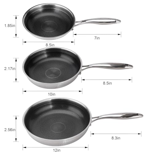 RisenutX Hybrid 8 10 12 inch Stainless Steel Non Stick Skillet set,Frying Pans Nonstick, PFOA Free Cookware, Dishwasher and Oven Safe, Induction Compatible
