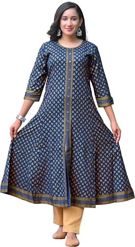 Image of Yash Gallery Women's Rayon Relaxed Fit A Line Golden Floral Printed A-Line Kurta