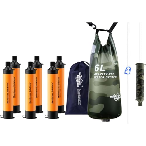 Membrane Solutions Pro 6L Camo Gravity Water Filter with 6 Extra S1 Orange Water FilterStraws, Survival Filtration Portable Gear, Emergency Preparedness, Supply for Drinking Hiking Camping T