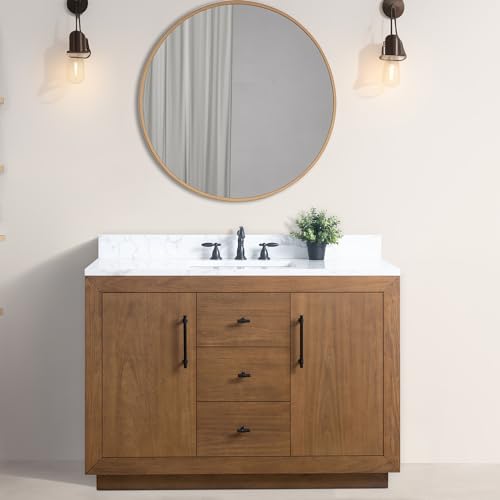 Vanity Art 48" Bathroom Vanity with Sink, Solid Poplar Wood Vanity Cabinet with Doors and Shelf, Modern Wood Bathroom Vanity with White Marble Top, 3 Functioning Drawers, VA70-48-T-E