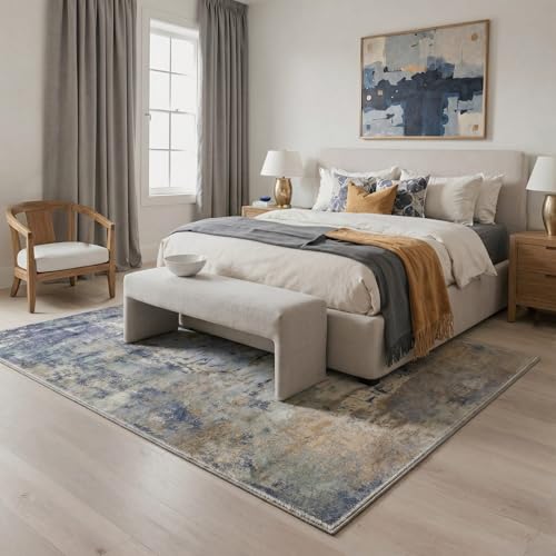 Image of BEIMO Area Rugs 8x10 for Living Room Bedroom, Modern Abstract Machine Washable Rug, Large Soft Low Pile Floor Cover with Non Slip Backing for Dining Room, Dusty Blue