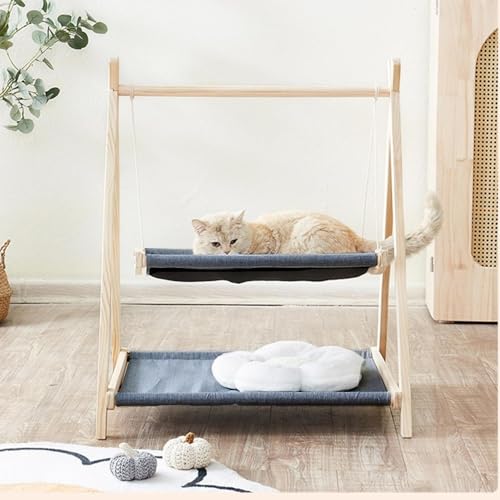 Runsweat木製猫ベッドハンモック 1/2層猫ベッドハンモック 天然木 頑丈 組み立て簡単 一年中使える かわいい猫ハンモック ペットベッド 自立式 休憩 日光浴 (2段 71*57*82,ダークブルー)