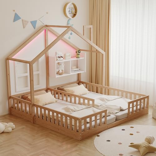Lettino per bambini in legno, 90 × 200 cm, letto matrimoniale indipendente, design della casa con finestre e camino, con illuminazione a LED, ringhiera di sicurezza e ripiani, completo di rete a doghe