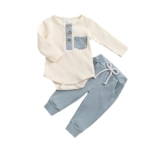 fhutpw Baby Boy Clothes 3 6 12 18 Months Ribbed Knitted Long Sleeve Romper and Pants Sets Newborn Fall Splicing Color Outfits