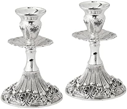 Silver Plated Candlesticks - 2 Pack Set - Pair of 5 Inch Ornate Candle Holders with Round Base and Floral Design