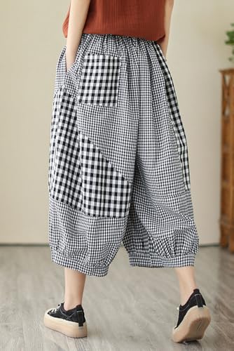 chouyatou Women's Retro Plaid Wide Leg Cropped Pants Elastic Waist Capri Harem Pants with Pockets3