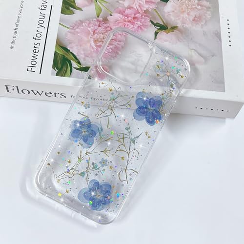 Coque transparente à paillettes iPhone 13 Pro Max antichoc fleurs bleues - 3