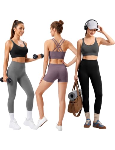 Image of VEQKING Strappy Cross Back Sports Bra for Women Removable Padded Yoga Bras | Multipack, Medium Support, Comfortable Seamless Wireless Design, Breathable Moisture-Wicking Fabric, Workout, Gym, Pilates