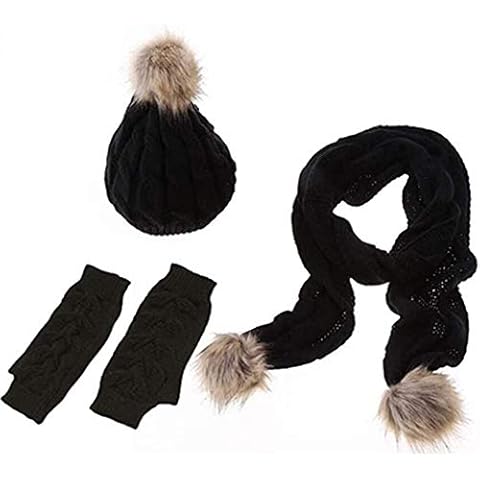 Women Winter Warm Knitted Scarf Beanie Pompom Hat and Gloves Set Soft Stretch Hat Scarf and Mitten Set - black - One Size Cover