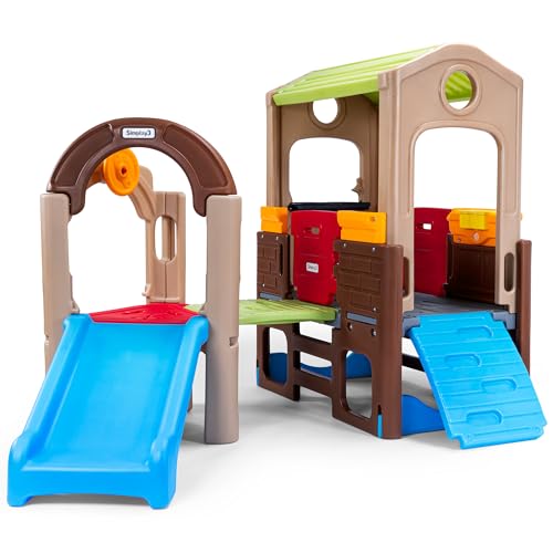 Simplay3 Young Explorers Indoor Outdoor Playset for Kids Modular Climber Slide & Playhouse Combo Expandable Toddler Activity Center with Crawl Tunnel Doors & Easel for Backyard or Playroom