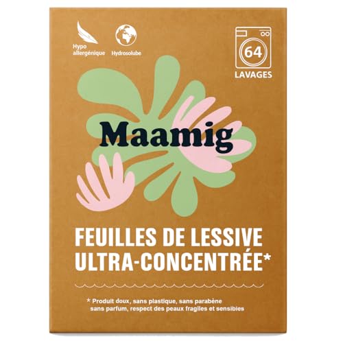 MAAMIG Feuilles de Lessive (64 Lavages) – Sans Parfum et Douces pour Peaux Sensibles – Format Compact Idéal pour Bébés, Familles et Voyages – Alternative Pratique à la Lessive Liquide