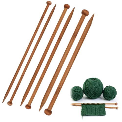 ACKKOR Lot de 6 Aiguilles à Tricoter en Bambou 6, 8, 10 mm, 25 cm, Bois, Pointues, Taille Adaptée aux Mains d'enfant, Kit Débutant Laine