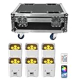 DazzlingStage 9600mAh Wireless Uplights with Charging Case, 6x18W RGBWA UV Stage Lights, APP/DMX512 Controlled Par Lights, Rechargeable Battery Powered Uplights for Show, Party, White 6 Pack