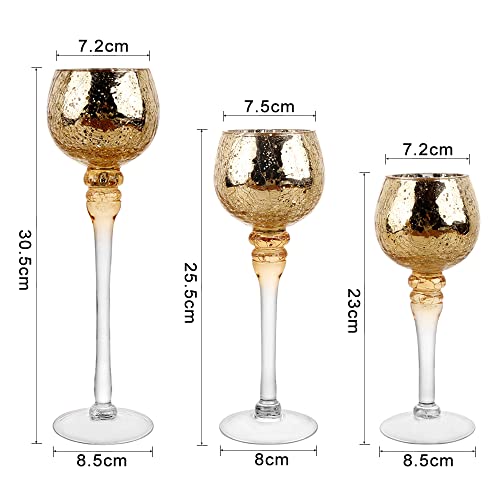 Set Of 3 Crackle Gold Glass Tealight Holders Tall And Large Bowl Candle Holder Pillar Set High Long Stem Candlesticks Ideal For Weddings Special Events Parties Home Decor (Glass, Gold1Setb) #TOP1