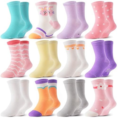 Image of Welwoos Baby Girls Toddlers Grips Socks 12 Pairs Kids Anti Slip Non Skid Animal Funny Cartoon Crew Breathable Cotton Socks