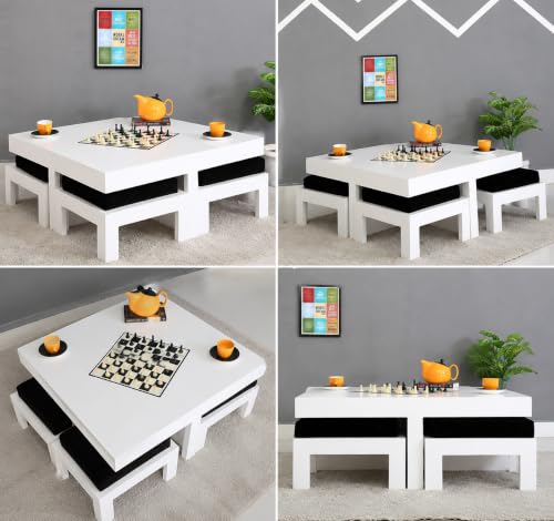 Image of Soild Sheesham Wood Centre Coffee Table with 4 Stools for Living Room Hall Bedroom Office | Wooden Center Coffee Table for Outdoor Garden Home | White Finish