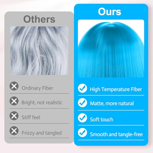 Image of MEEZY Blue Short Bob Wigs Straight Hair with Flat Bangs Heart Sunglasses for Women, Colorful Funny Cosplay Party Neon Wig Synthetic Natural As Real Carnival Halloween Costume
