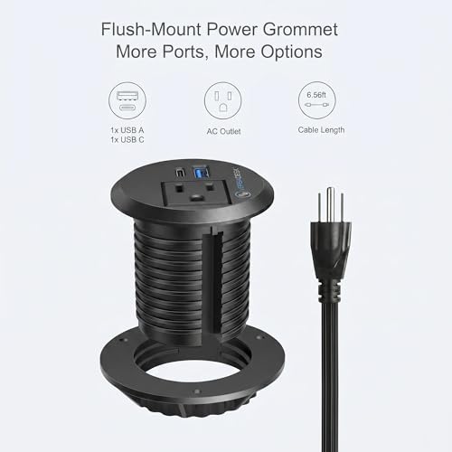 VERSADESK Desk Power Grommet with USB-A, USB-C & AC Outlet, Black | Compatible con escritorios de pie y convertidores de escritorio para gestión limpia de energía miniatura 2