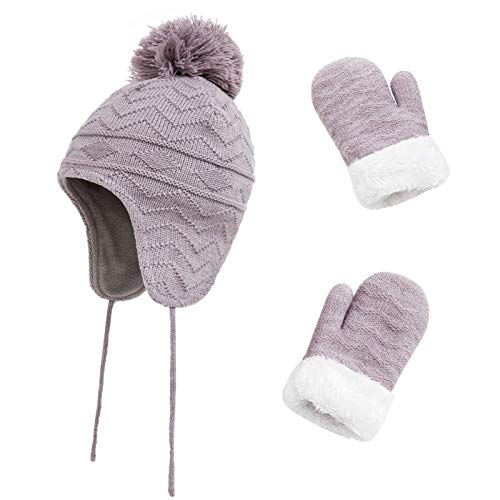 Image of Kids Winter Beanie Hat Mittens Set Warm Fleece Hat Baby Toddler Knitted Hat & Gloves for Boys, Girls