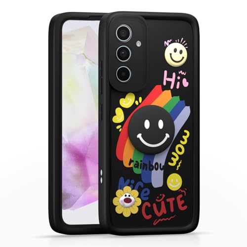 Image of Pikkme Back Cover for Samsung Galaxy A35 5G | Soft Silicone| Cute Rainbow Smile & 3D Cartoon Flower Design | Shockproof Raised Camera Protection Bumper Case (Black)