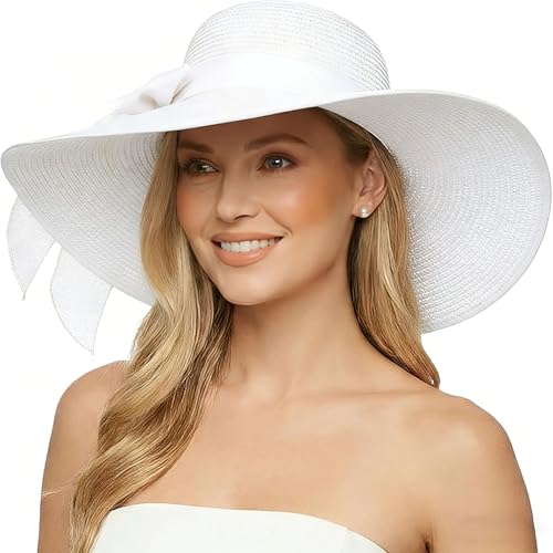 DRESHOW Womens Big Bowknot Straw Hat - Foldable UPF 50+ Floppy Beach Sun Hat