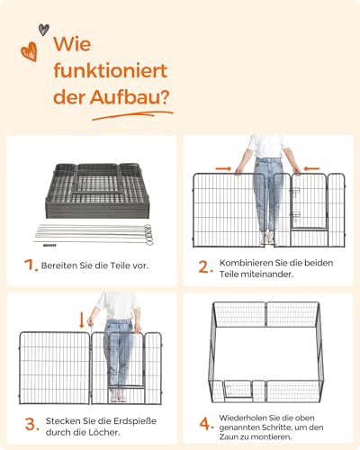 Feandrea Freilaufgehege, Laufstall DIY, mit 8 Gitterplatten je 77 x 80 cm, 2 L-förmige Riegel, transportabel, für innen und außen, extra große Haustiere ohne Halsband, grau PPK88G