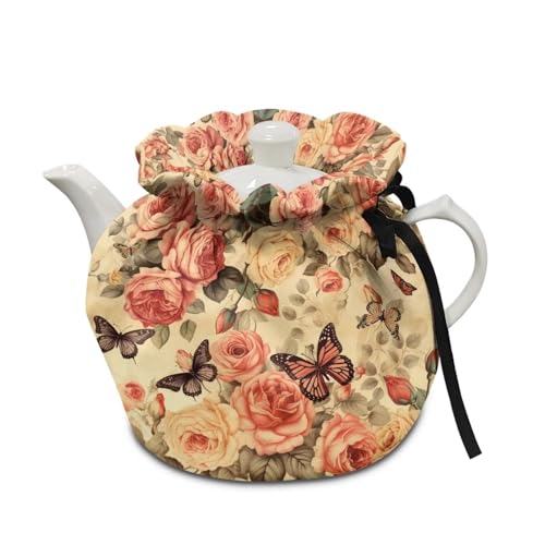 Image of Retro Butterfly Roses Dustproof Tea Pot Cozies Durable Tea Cosy Insulation and Keep Warm Kitchen Home Decorative Tea Pots Cover Both Sides Can Be Used