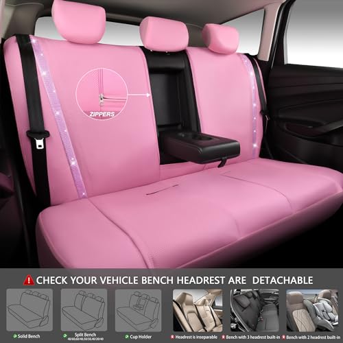 Image of CAR PASS Bling Diamond Car Seat Covers Full Set, Shining Rhinestone Waterproof Faux Leather, Rear with Zipper, Universal Fit Automotive Glitter Crystal Sparkle Strips for Cute Women Girl, Pink