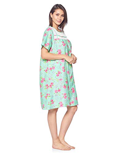 Casual Nights Women's Zipper Front House Dress Short Sleeve Woven Housecoat Duster Lounger Robe With Pockets - Floral Green - Large #TOP2