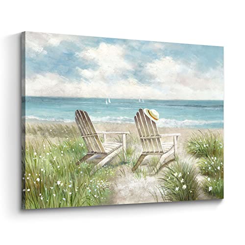 arttitue Seascape Wall Art Canvas Picture: Beach Chair Seascape Print Decor Ocean Coastal Scene Painting Seaside Sea Wave Grass Artwork for Bathroom Living Room