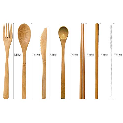 Bamboo Utensils, Eco Friendly Flatware Set, Bamboo Cutlery Set, Bamboo Travel Utensils, Camping Utensils Set, Portable Utensils Set, Knife, Fork, Spoon, Reusable Straws Chopsticks, 7 Pieces,7.9 Inch #TOP1