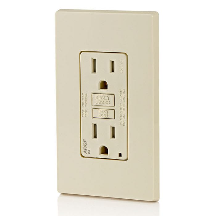 Image of Leviton Dual-Function AFCI /GFCI Outlet, 15 Amp, Self Test, Tamper-Resistant with LED Indicator Light, Protection from Both Electrical Shock and Electrical Fires in One Device, AGTR1-T, Light Almond